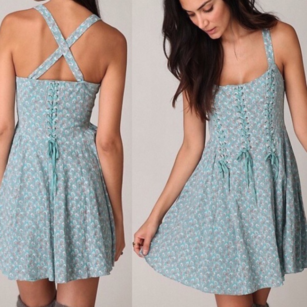 Free People Rose Blue Lace Up Cross Back Dress XS